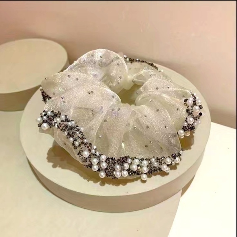 Pearl And Rhinestone Hair Scrunchie - White